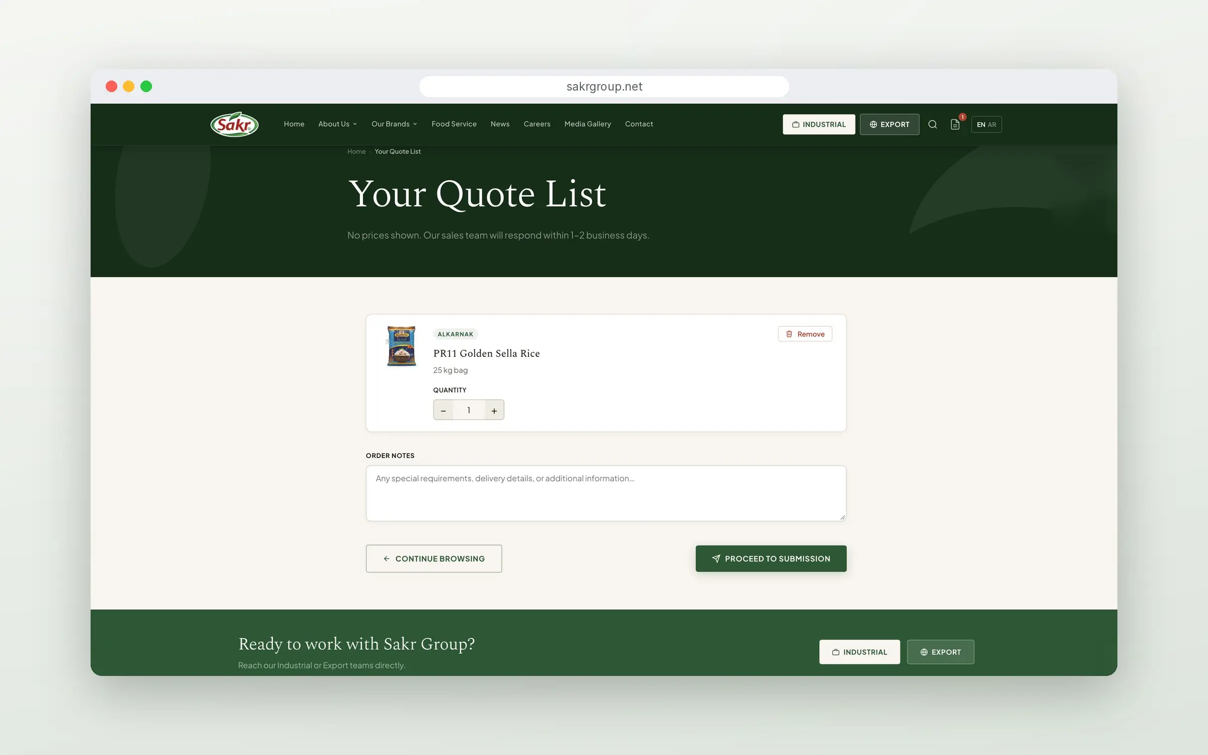 B2B quote list where industrial buyers review products before submitting