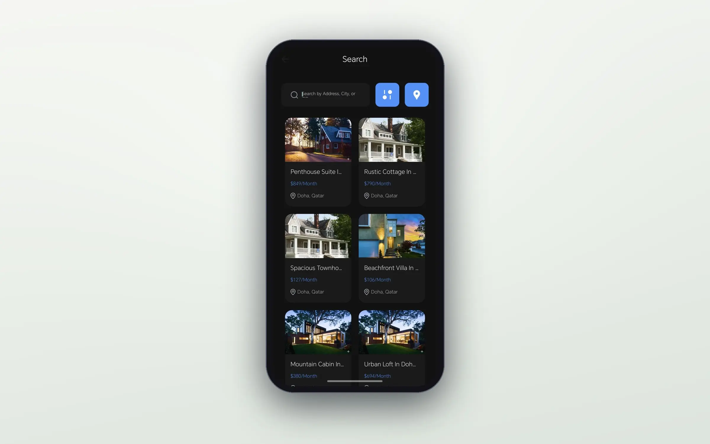 Property Hub search results displayed as a two-column grid of property cards with photos, prices, and locations.