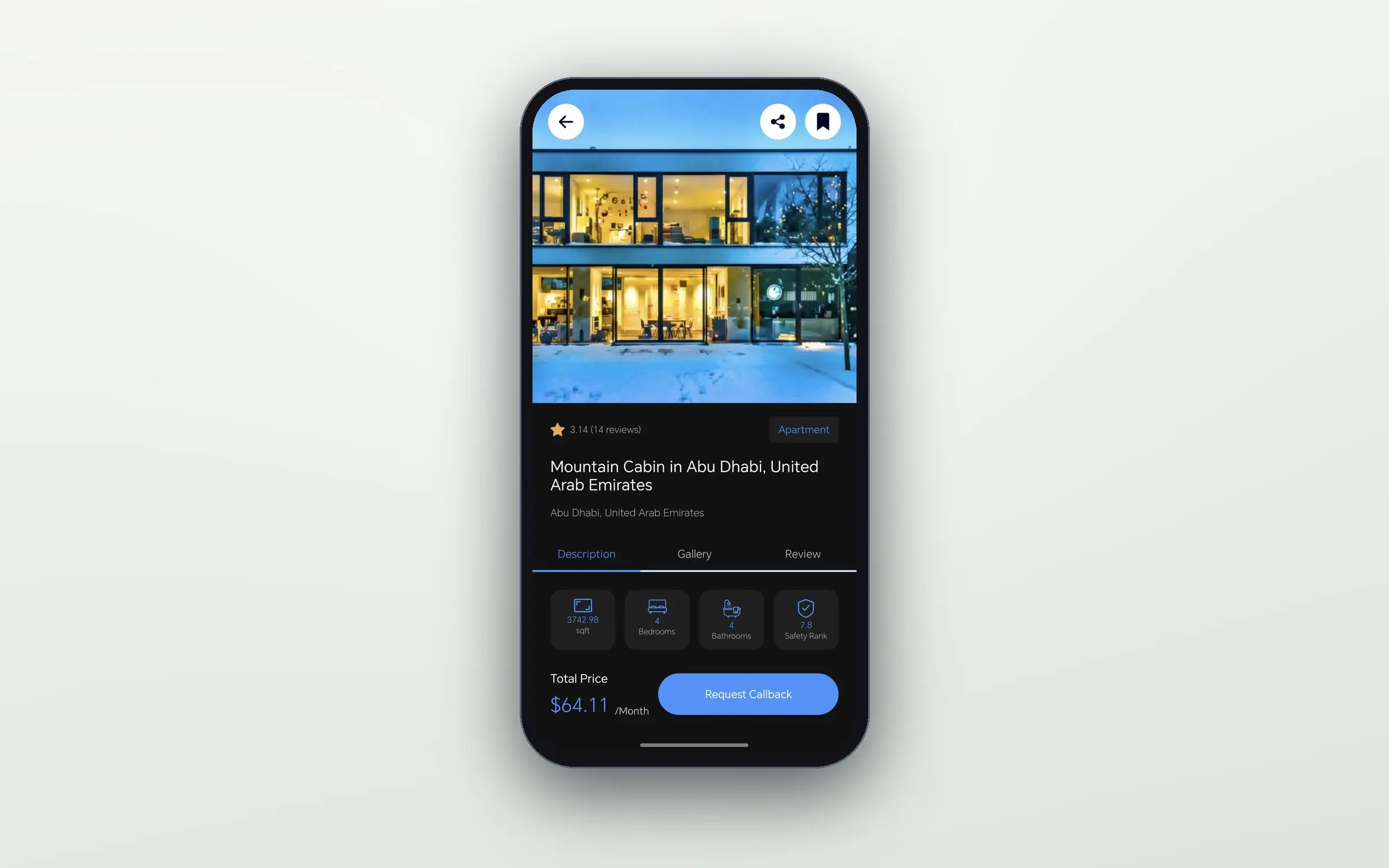 Property Hub property detail screen for a two-storey house, with its photo, rating, title, key stats (area, bedrooms, bathrooms, safety rank), and a Request Callback button.