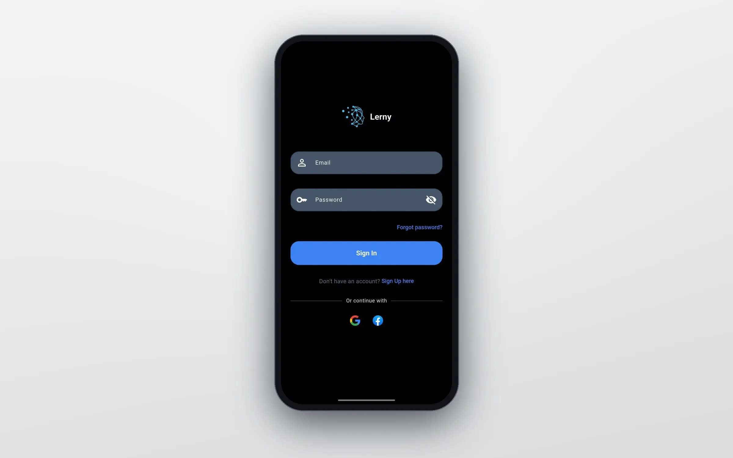 Lerny sign-in screen with email and password fields, a Sign In button, and Google and Facebook sign-in options.