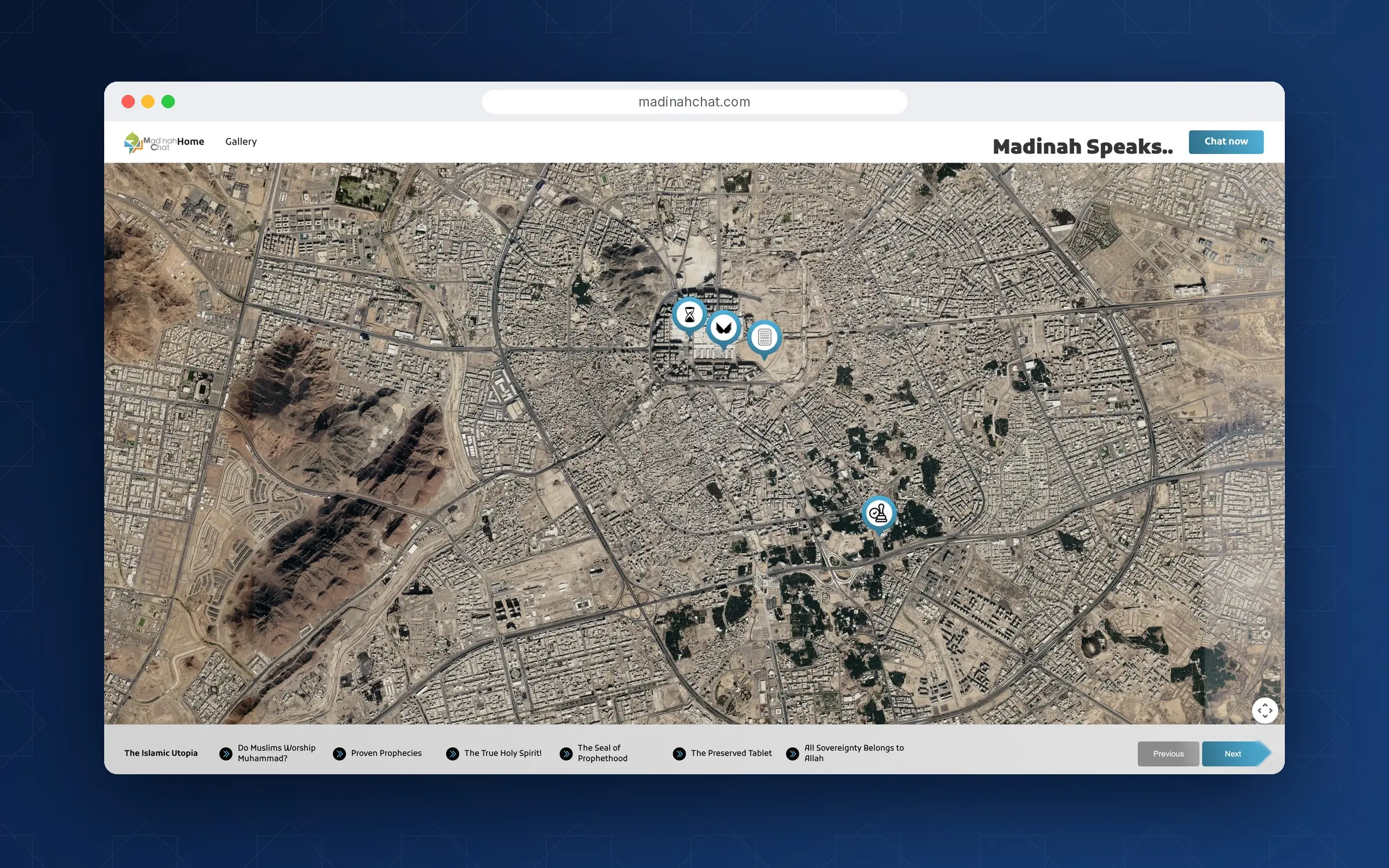 Interactive map of Madinah with clickable landmark pins and tour navigation