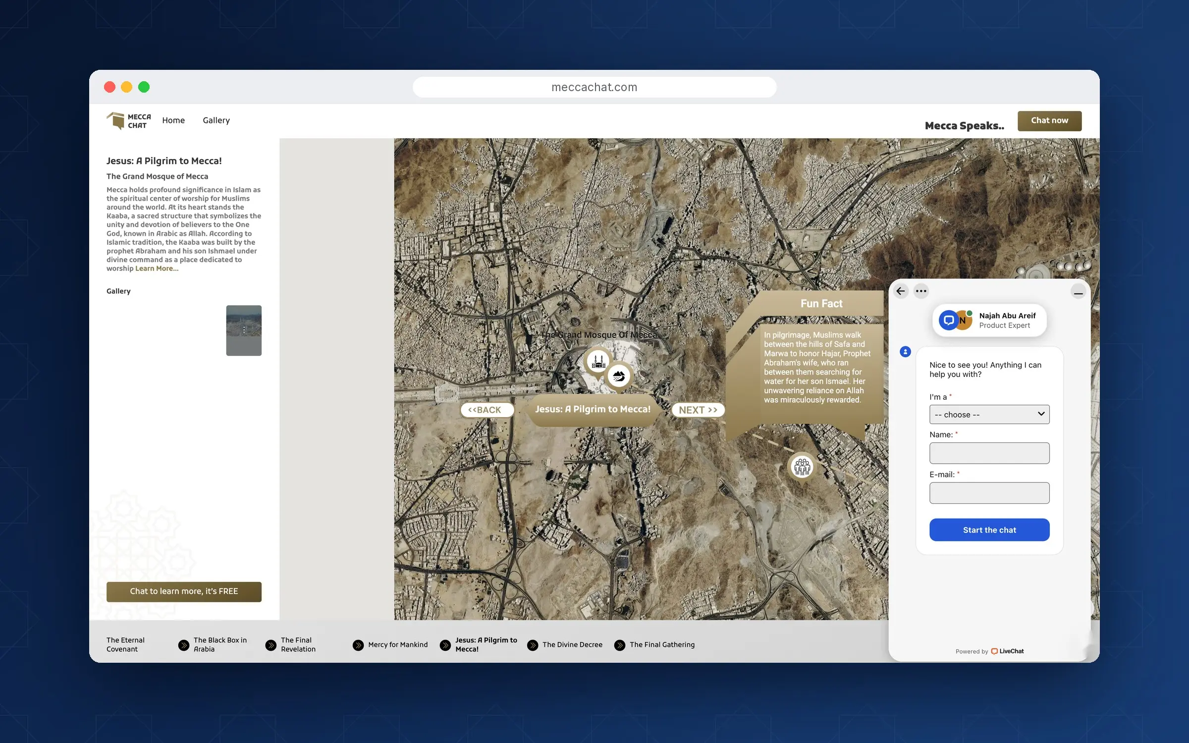 Makkah tour ending with a fun fact and a live chat window to talk with a scholar